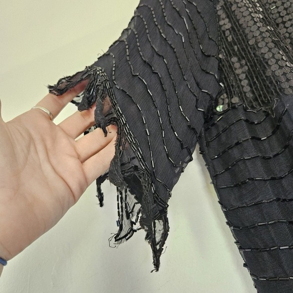 Vtg 80s Chanson D'Amour Beaded Sequin Top Size M Silk Cropped Black Whimsigoth - Picture 2 of 9